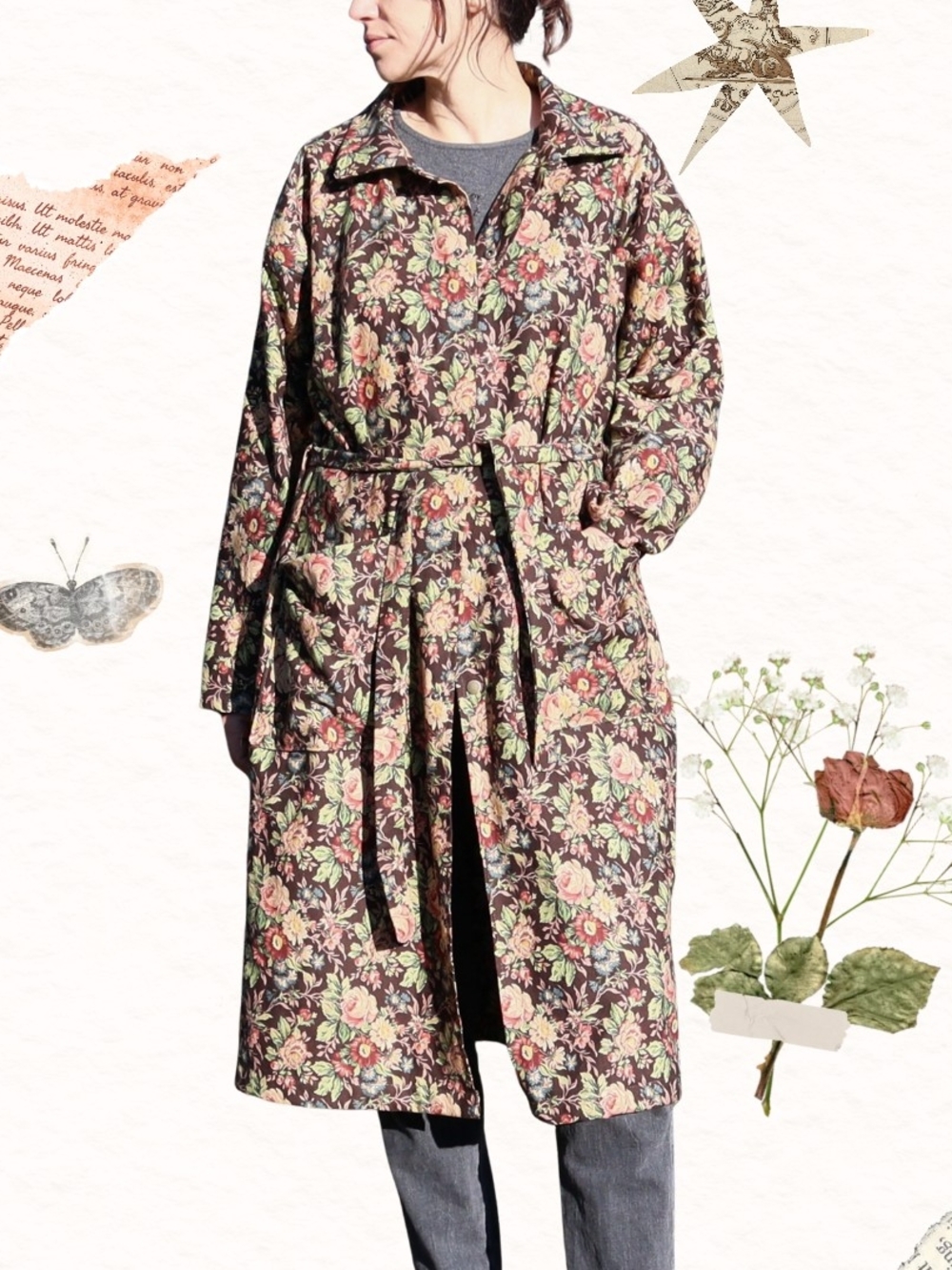 Upcycled Belted Trench Coat Vintage Brown Tapestry Florals Cotton